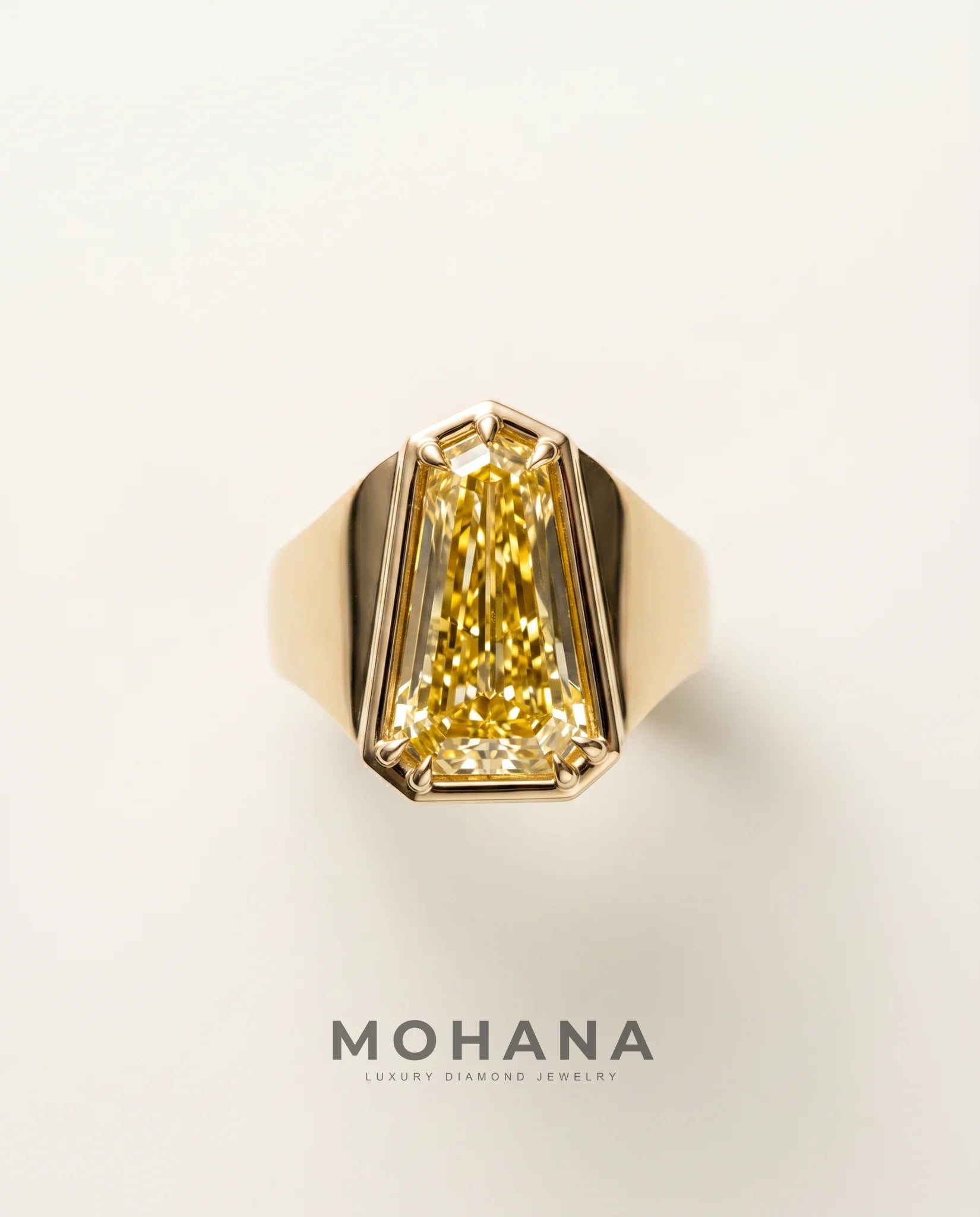 Ready to Ship 5.7 Carat Fancy Yellow Heptagonal Step-Cut Bezel Yellow Gold Diamond Ring — view 2