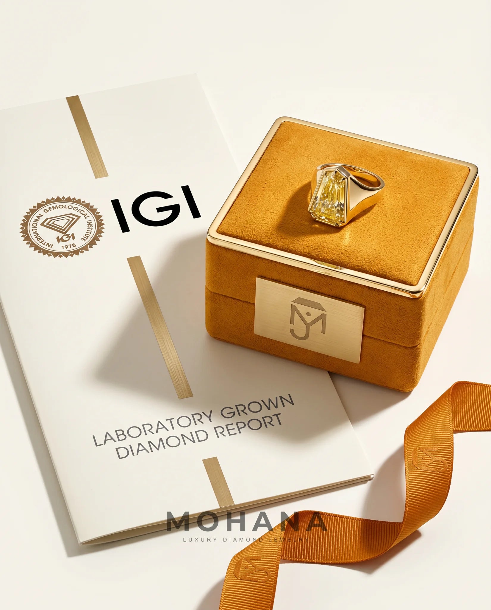 Ready to Ship 5.7 Carat Fancy Yellow Heptagonal Step-Cut Bezel Yellow Gold Diamond Ring — view 6