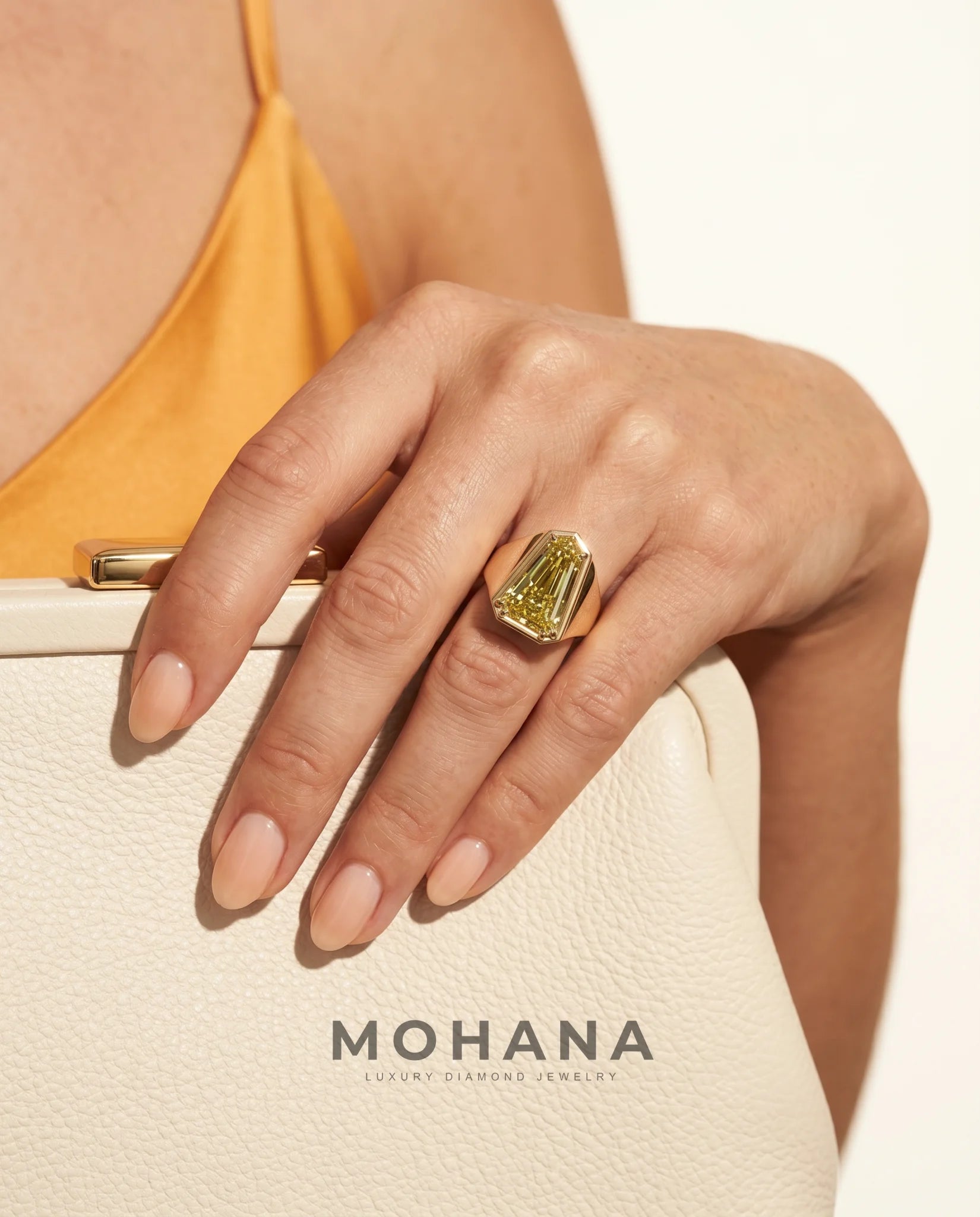Ready to Ship 5.7 Carat Fancy Yellow Heptagonal Step-Cut Bezel Yellow Gold Diamond Ring — view 14