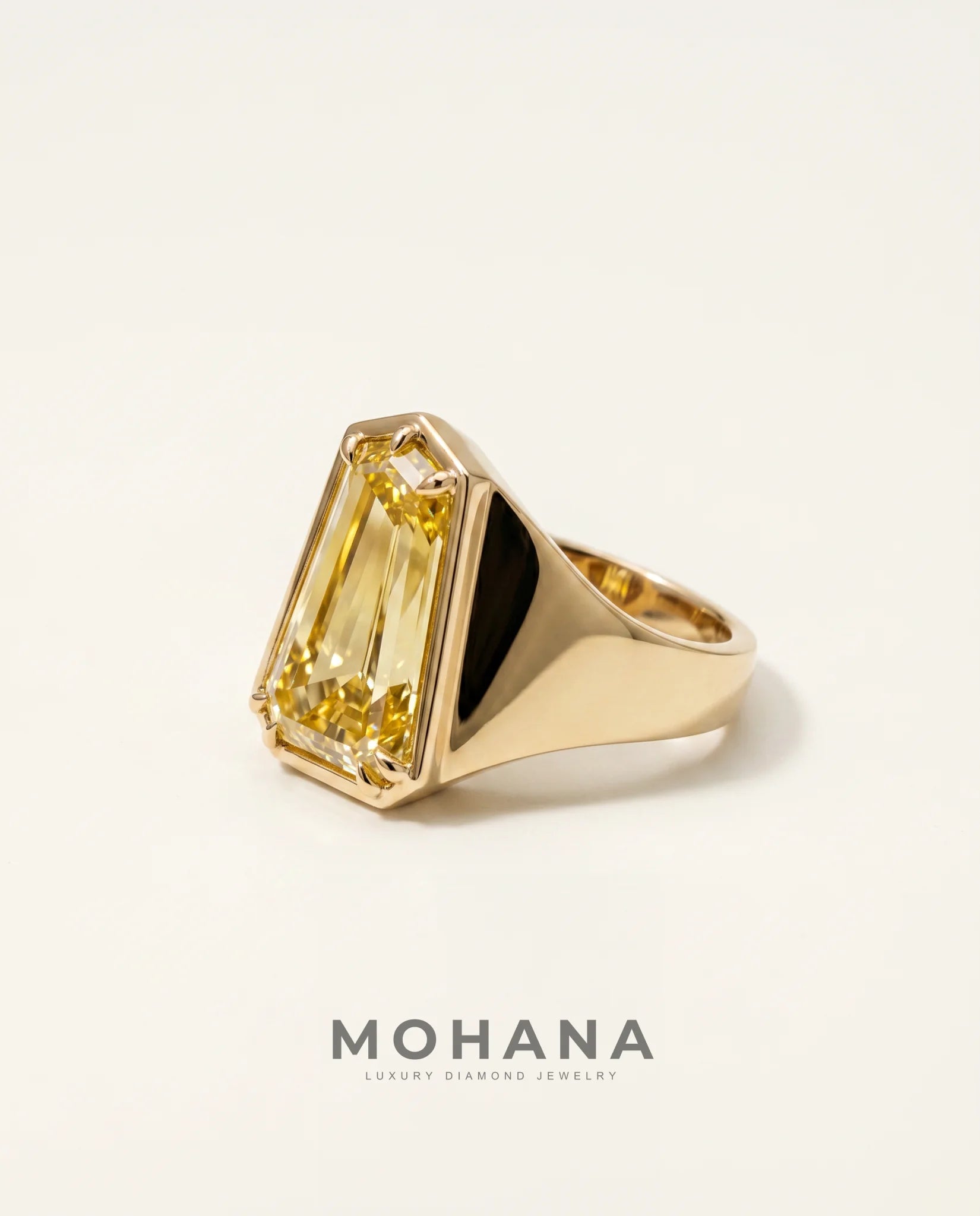 Ready to Ship 5.7 Carat Fancy Yellow Heptagonal Step-Cut Bezel Yellow Gold Diamond Ring — view 4