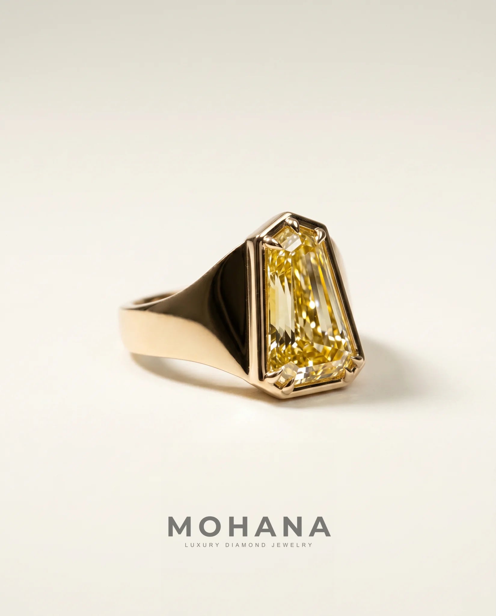 Ready to Ship 5.7 Carat Fancy Yellow Heptagonal Step-Cut Bezel Yellow Gold Diamond Ring — view 1