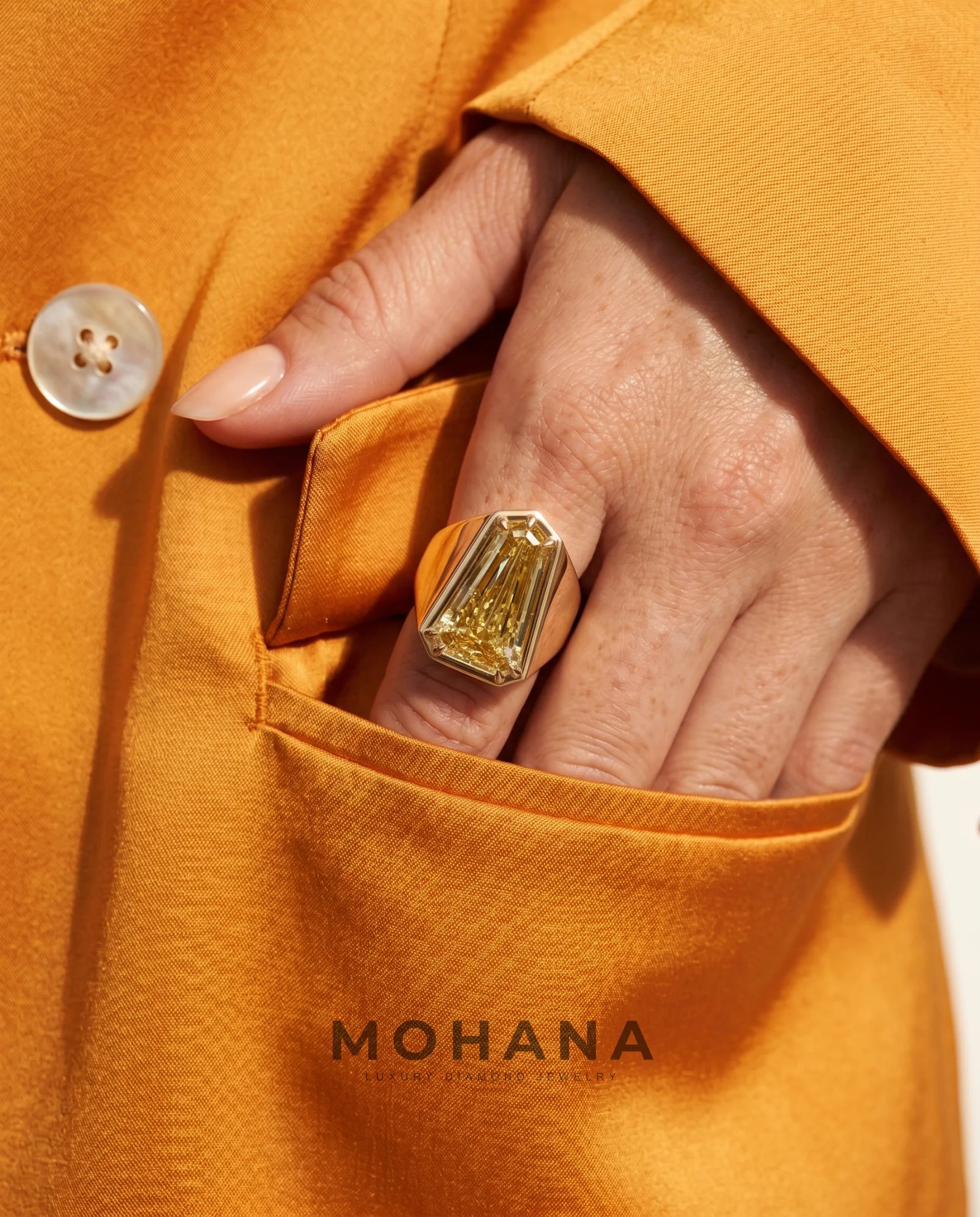 Ready to Ship 5.7 Carat Fancy Yellow Heptagonal Step-Cut Bezel Yellow Gold Diamond Ring — view 13