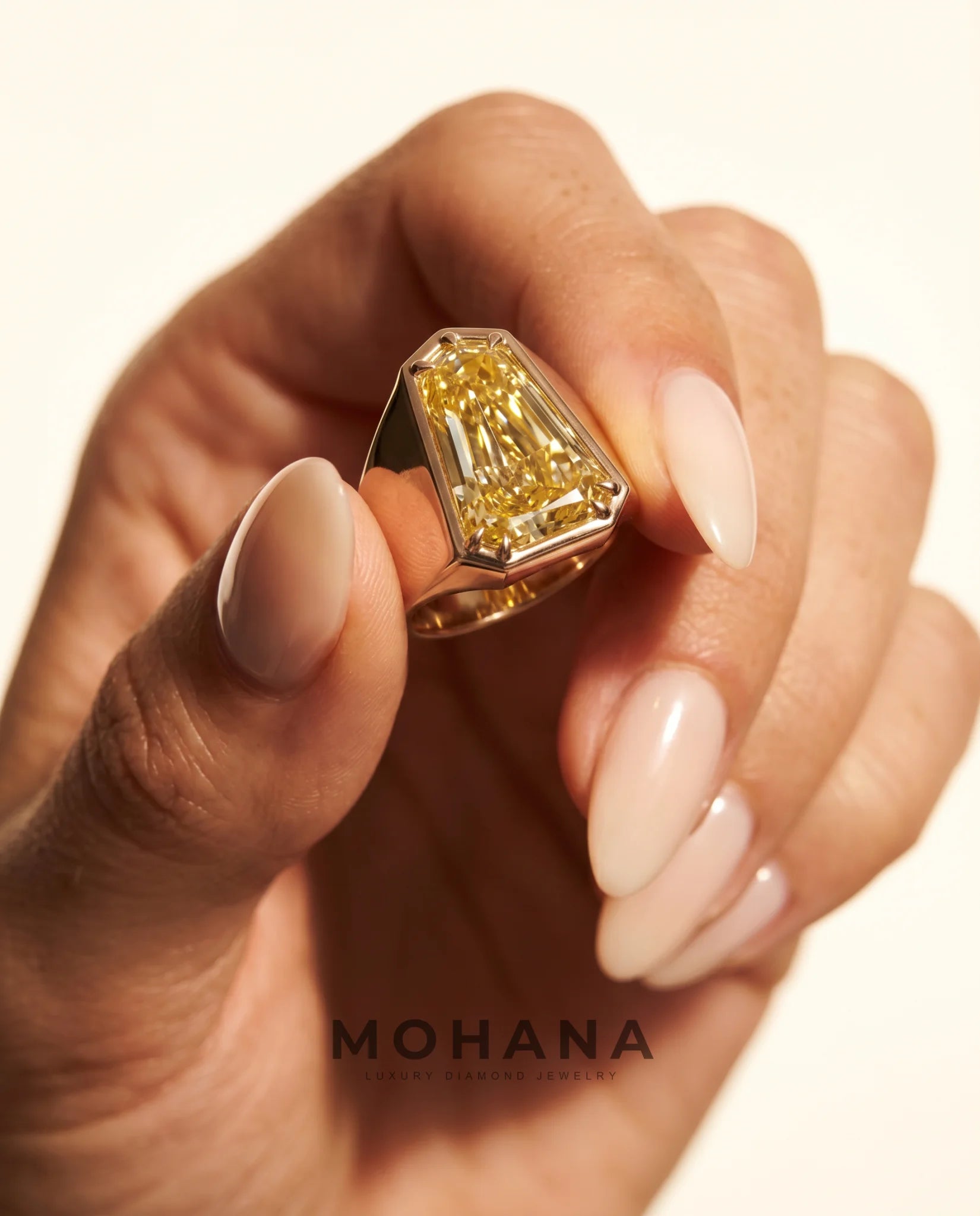 Ready to Ship 5.7 Carat Fancy Yellow Heptagonal Step-Cut Bezel Yellow Gold Diamond Ring — view 7