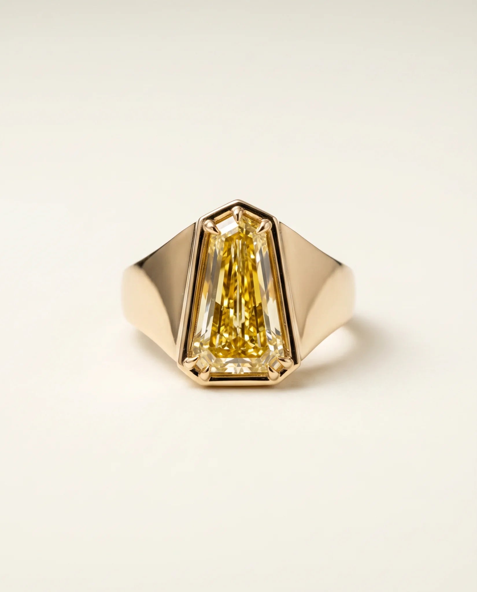 Ready to Ship 5.7 Carat Fancy Yellow Heptagonal Step-Cut Bezel Yellow Gold Diamond Ring — view 5