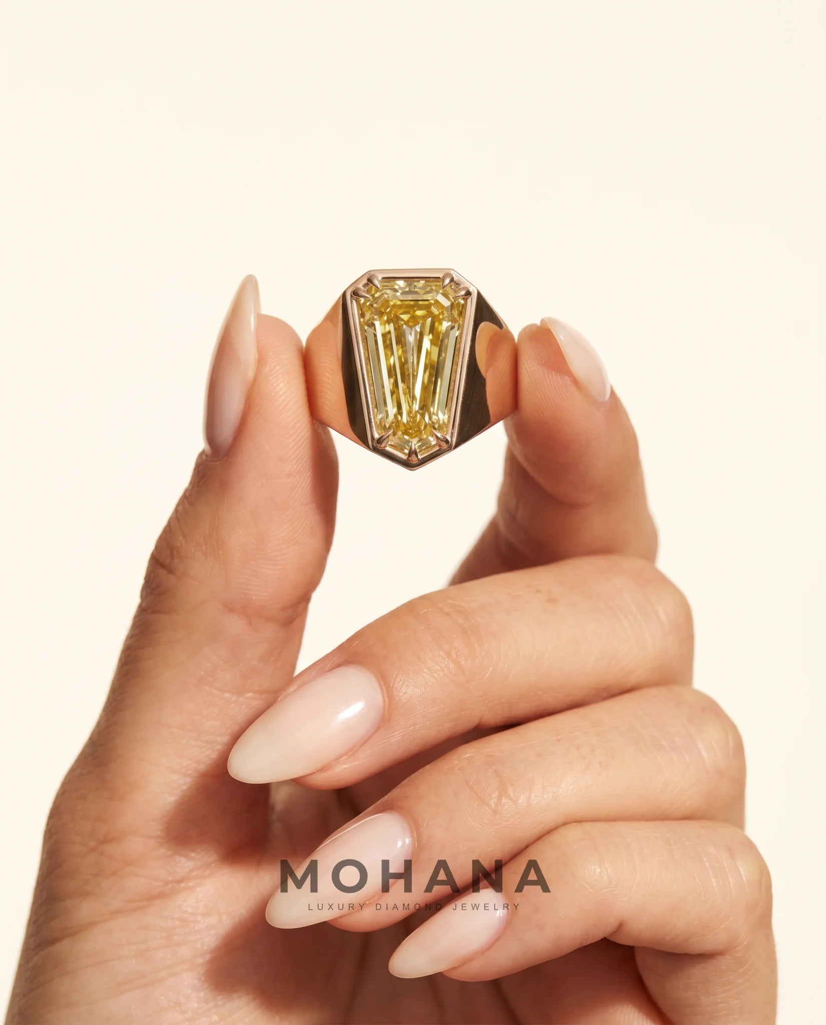 Ready to Ship 5.7 Carat Fancy Yellow Heptagonal Step-Cut Bezel Yellow Gold Diamond Ring — view 8