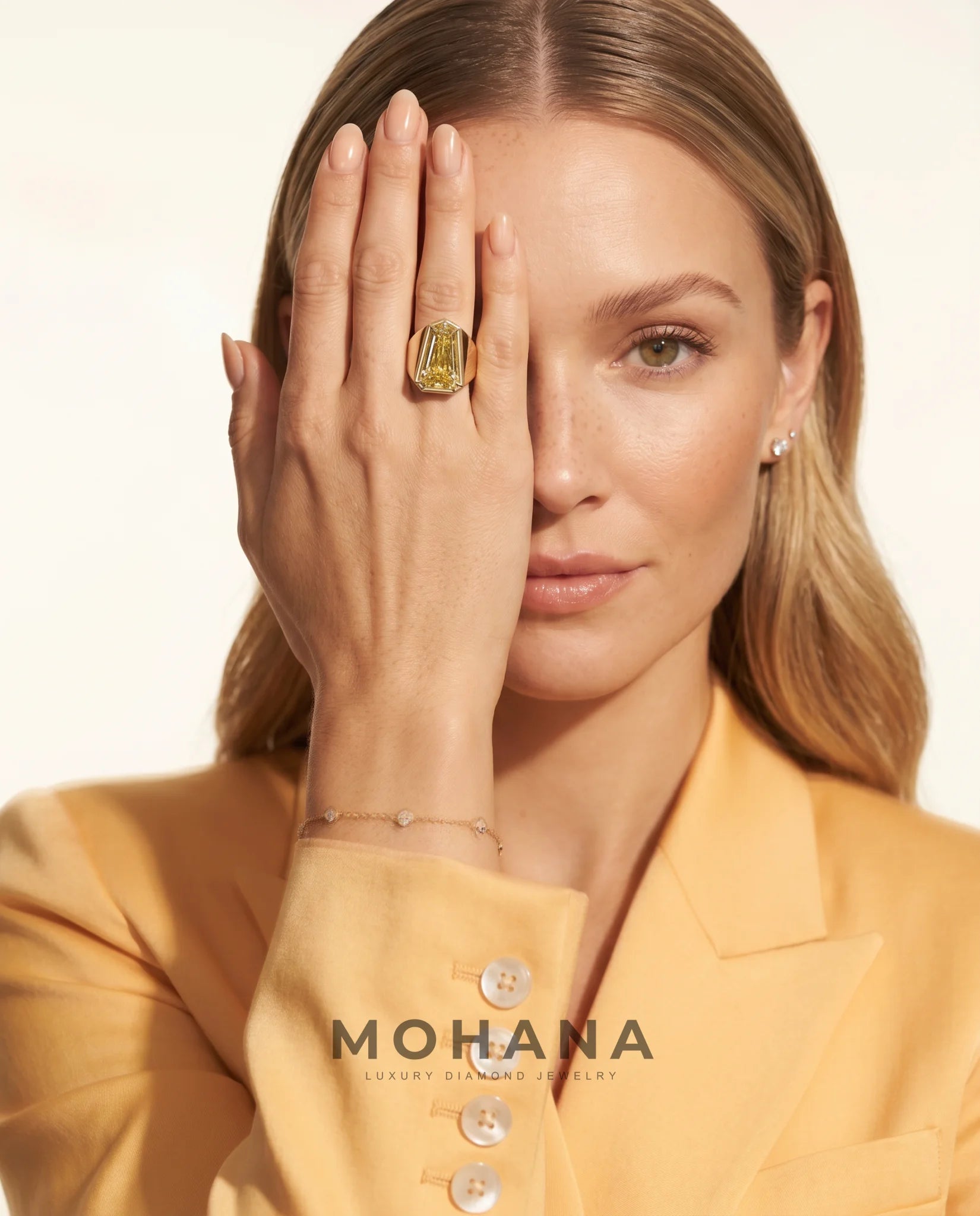 Ready to Ship 5.7 Carat Fancy Yellow Heptagonal Step-Cut Bezel Yellow Gold Diamond Ring — view 11