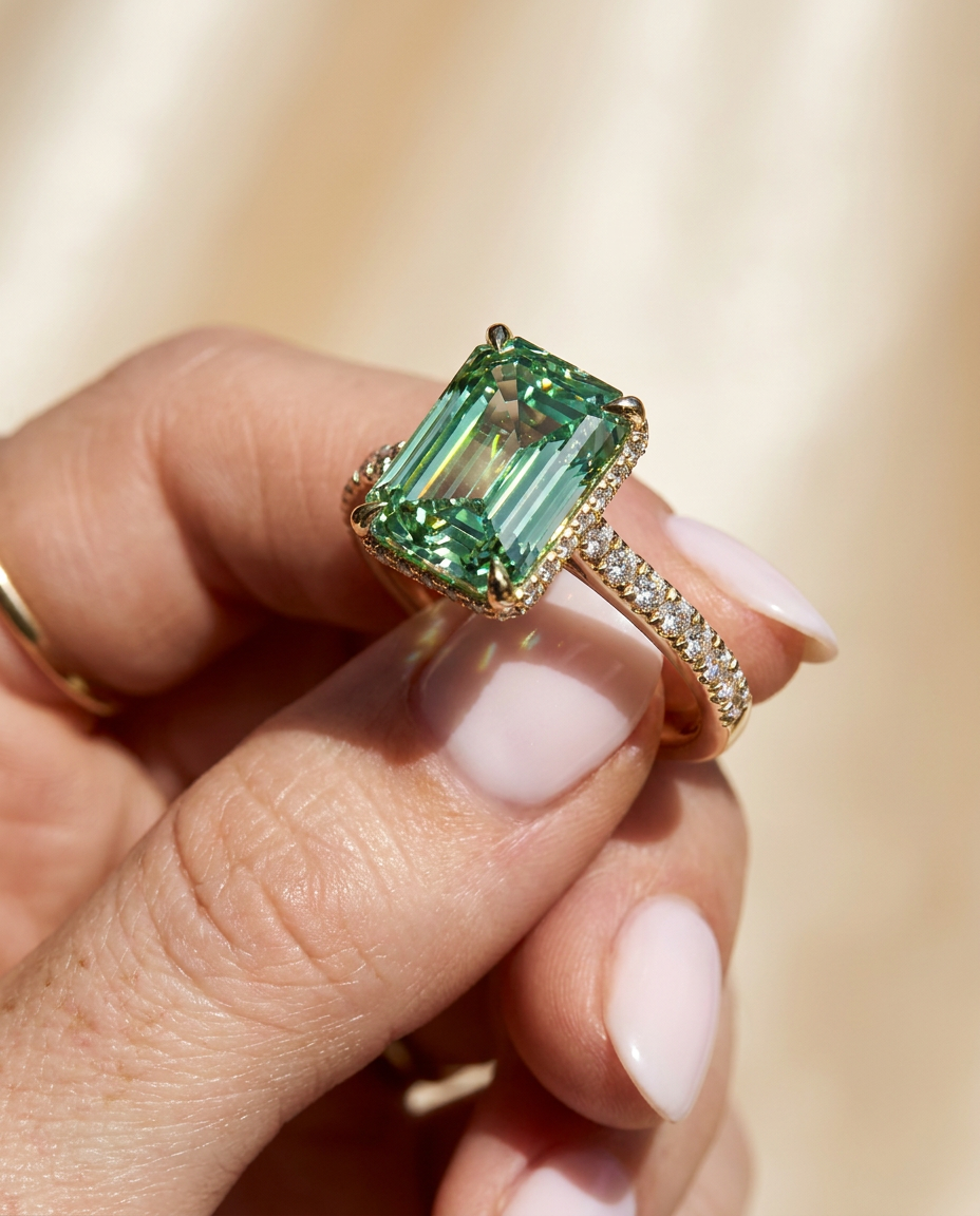 2.5 Carat Green Lab Grown Diamond Engagement Ring – Emerald Cut Hidden Halo | Siena - Engagement Ring
