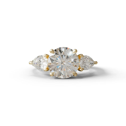 5 Carat E-VVS Round & Pear Cut Three Stone Lab Diamond Ring - Luminous - 10K Solid Gold / Yellow Gold