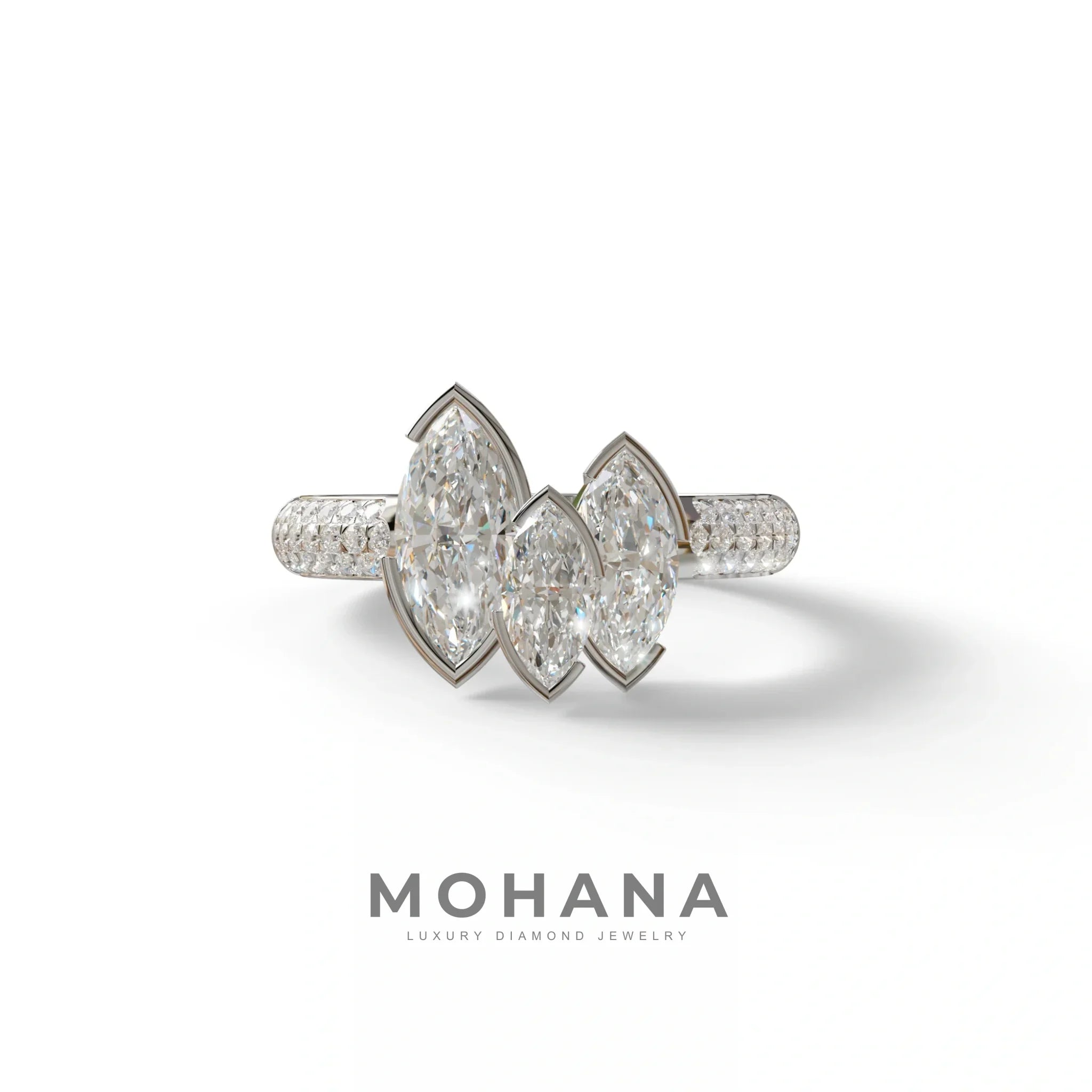 3 Stone 5 Carat E-VVS Marquise Cut Lab Diamond Ring - Dutch - 10K Solid Gold / White Gold