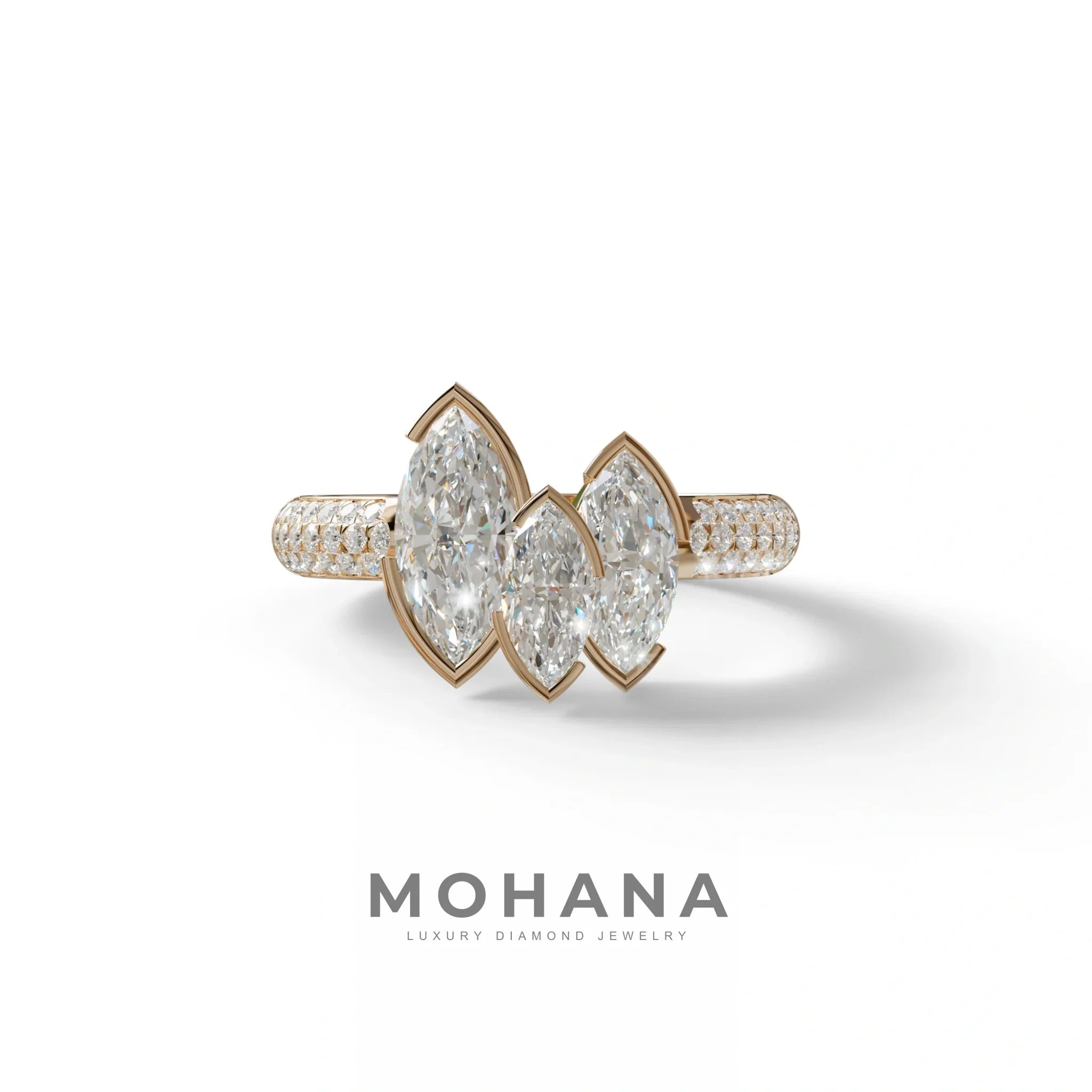 3 Stone 5 Carat E-VVS Marquise Cut Lab Diamond Ring - Dutch - 10K Solid Gold / Rose Gold