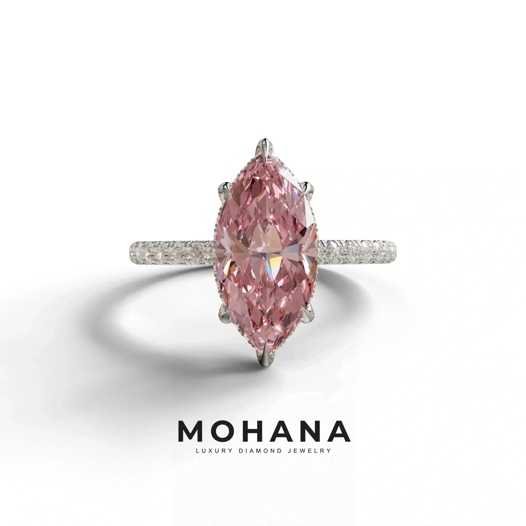 5 Carat Pink Marquise Cut Lab Diamond In Hidden Halo & Pave Setting Ring - 10K Solid Gold / White Gold