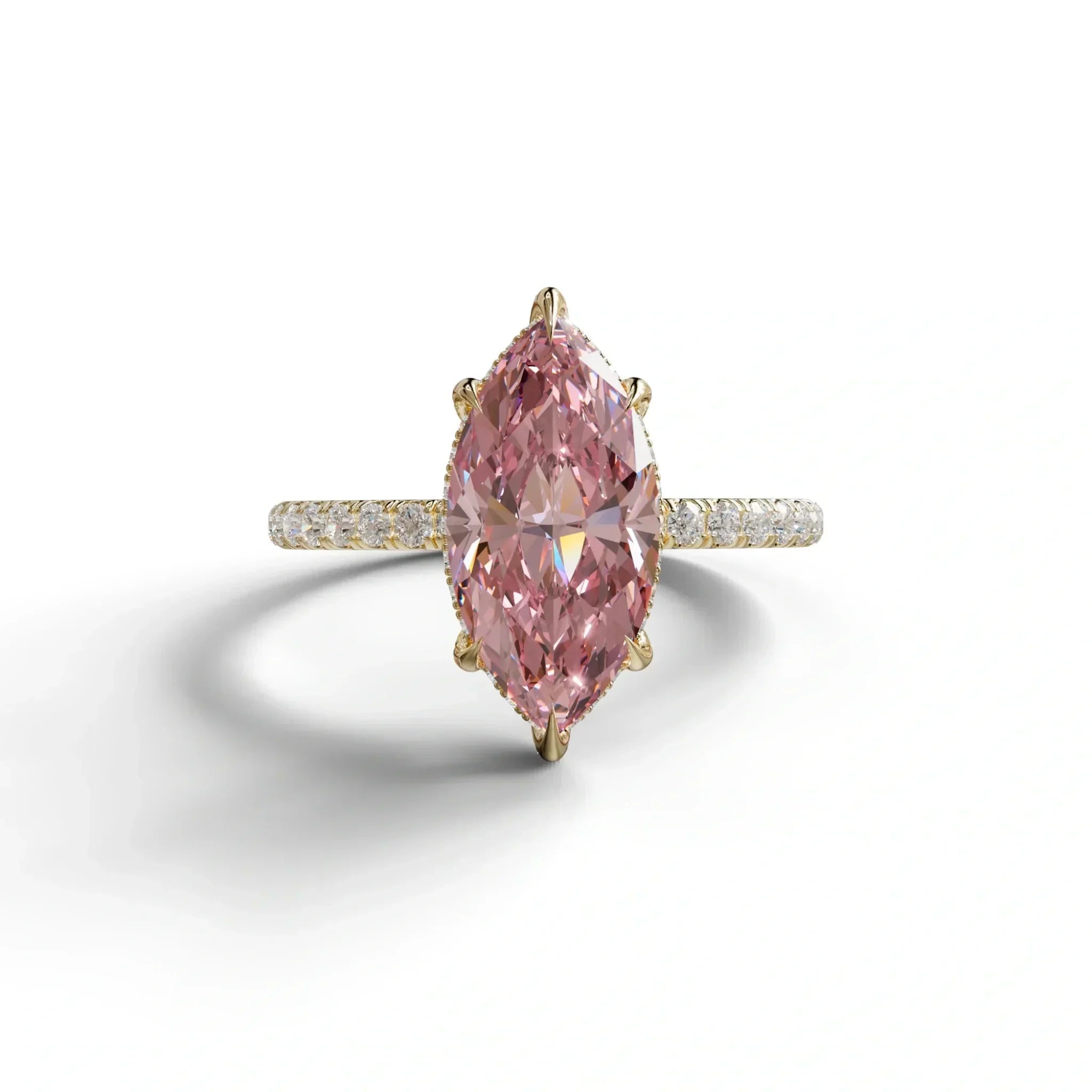 5 Carat Pink Marquise Cut Lab Diamond In Hidden Halo & Pave Setting Ring - 10K Solid Gold / Yellow Gold