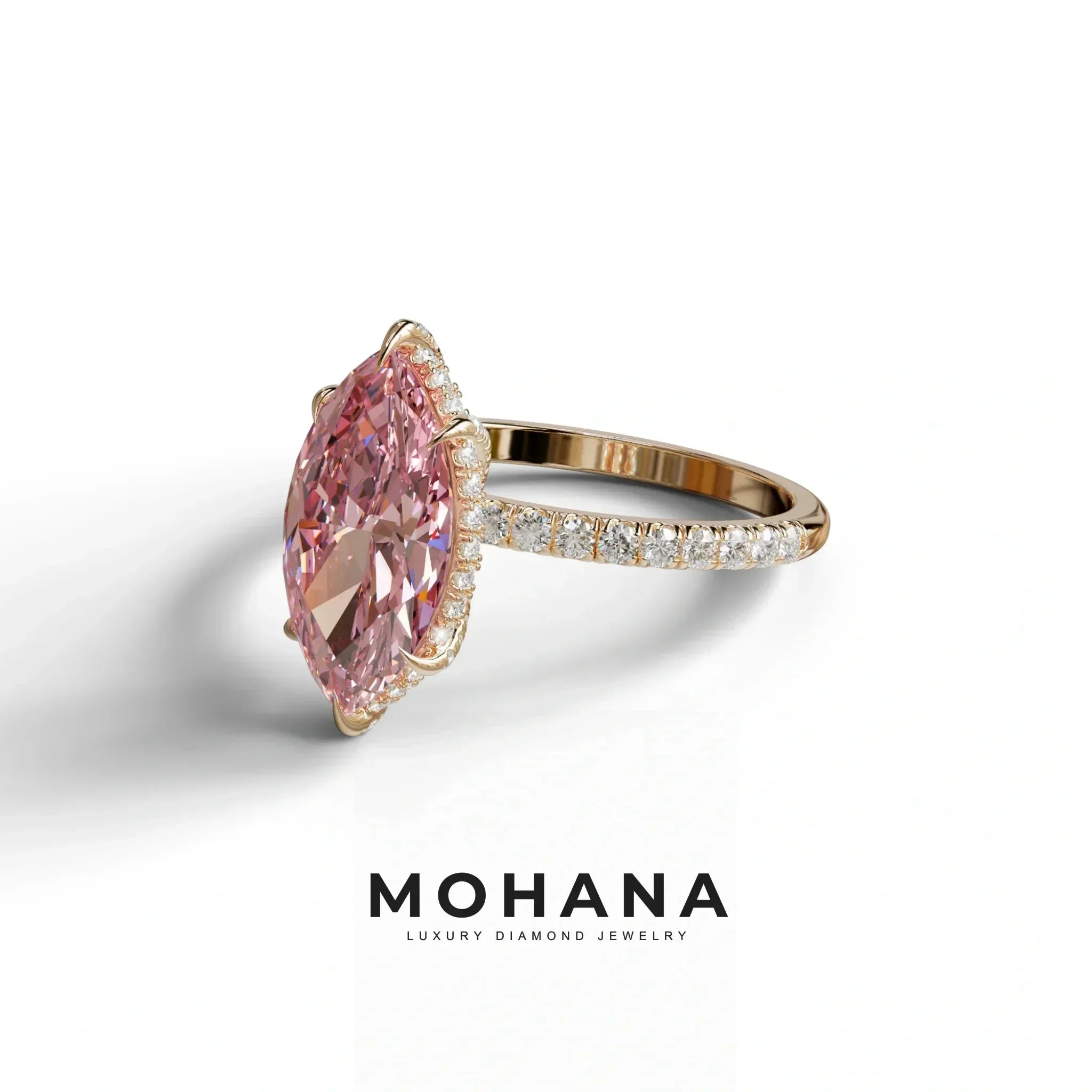 5 Carat Pink Marquise Cut Lab Diamond In Hidden Halo & Pave Setting Ring