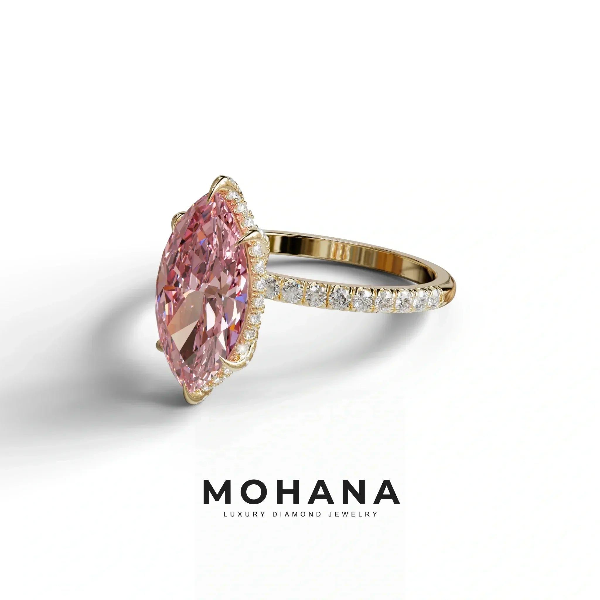 5 Carat Pink Marquise Cut Lab Diamond In Hidden Halo & Pave Setting Ring