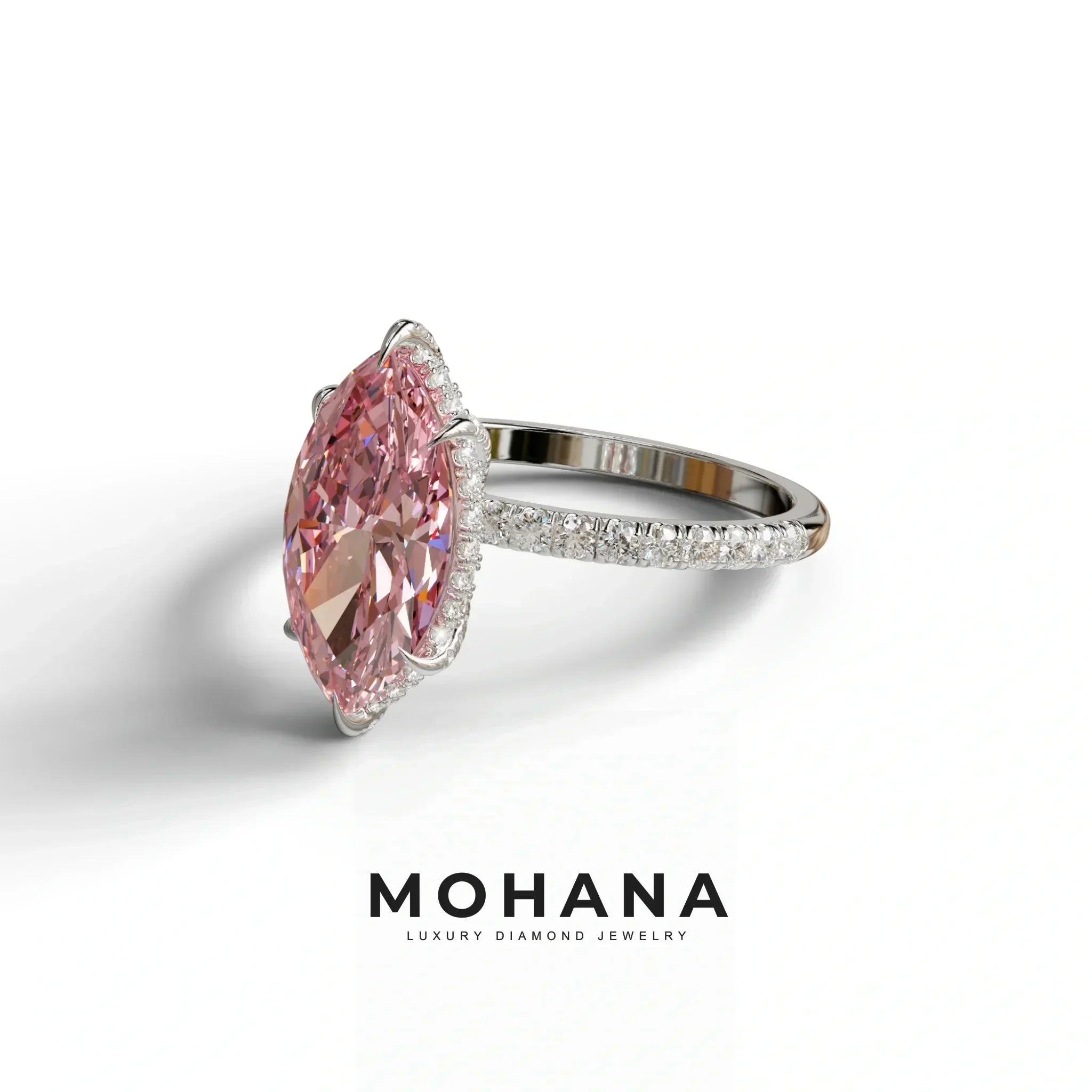5 Carat Pink Marquise Cut Lab Diamond In Hidden Halo & Pave Setting Ring