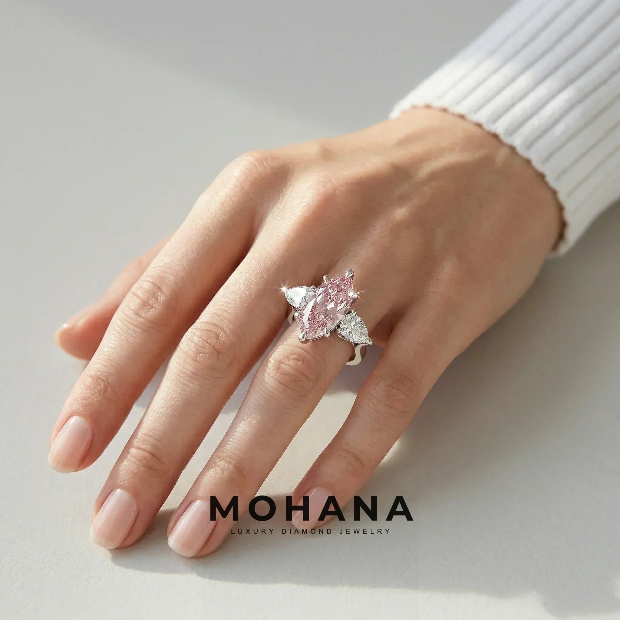 5 Carat Fancy Pink Marquise & Marquise Cut Three Stone Lab Grown Diamond Engagement Ring