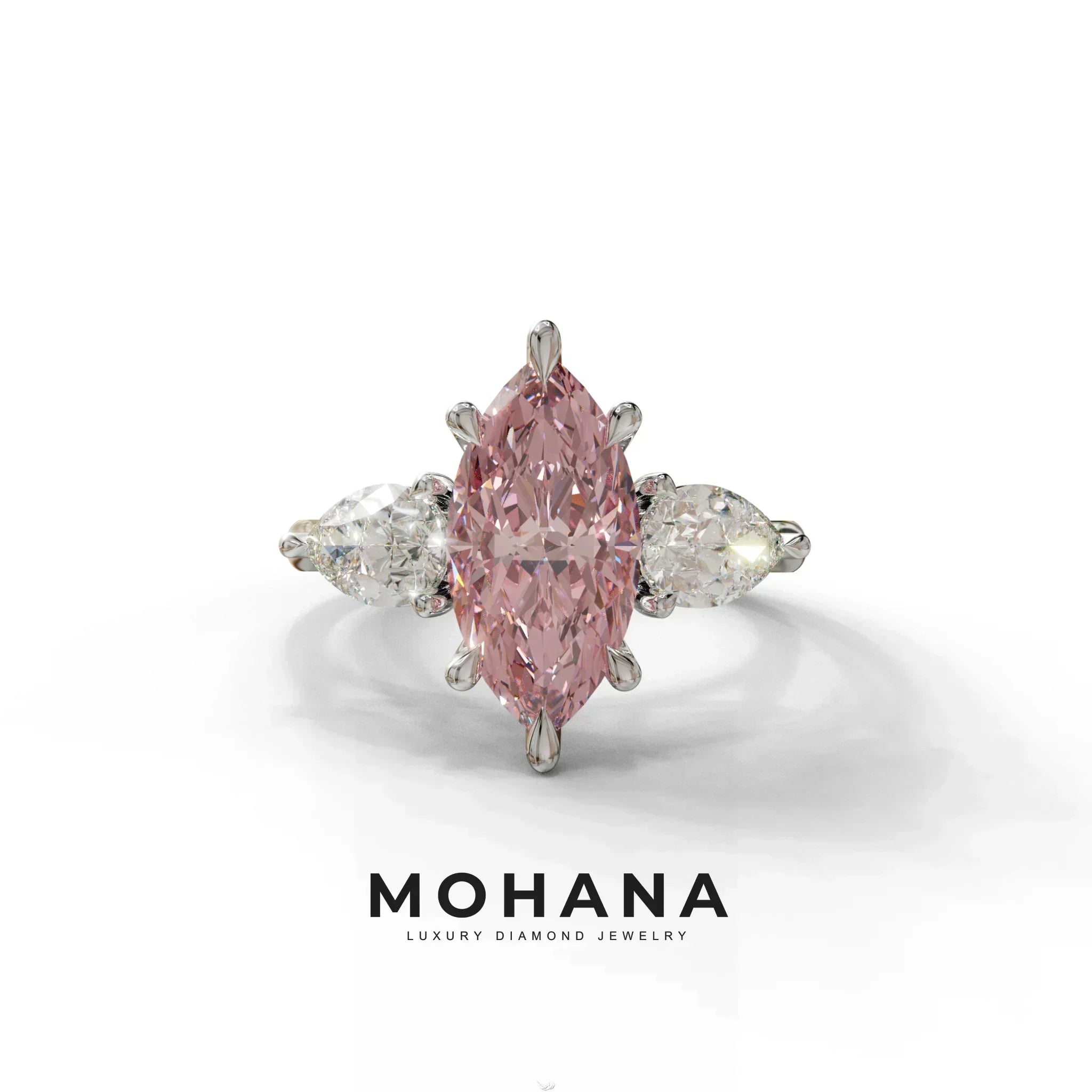 5 Carat Fancy Pink Marquise & Marquise Cut Three Stone Lab Grown Diamond Engagement Ring - 10K Solid Gold / White Gold