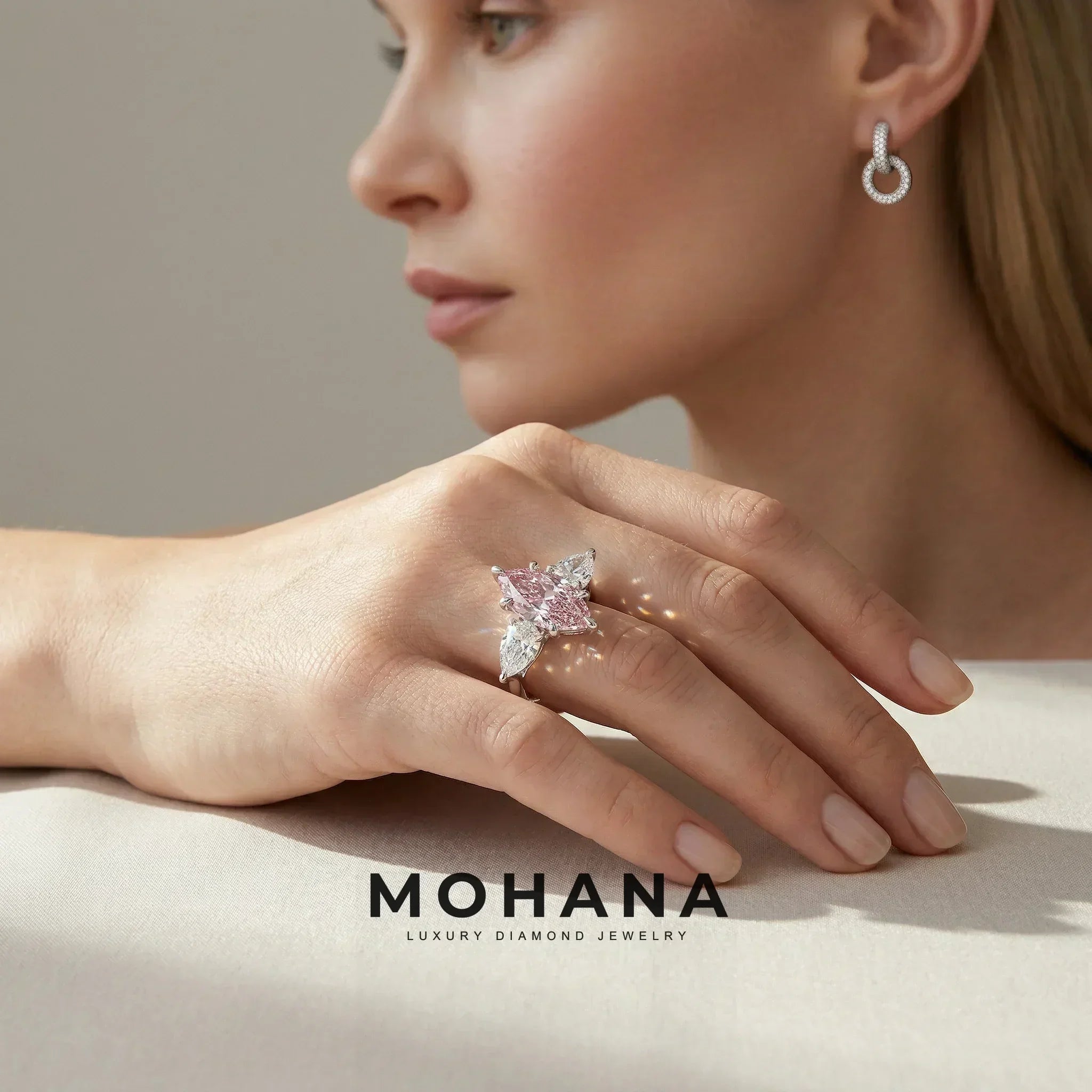 5 Carat Fancy Pink Marquise & Marquise Cut Three Stone Lab Grown Diamond Engagement Ring