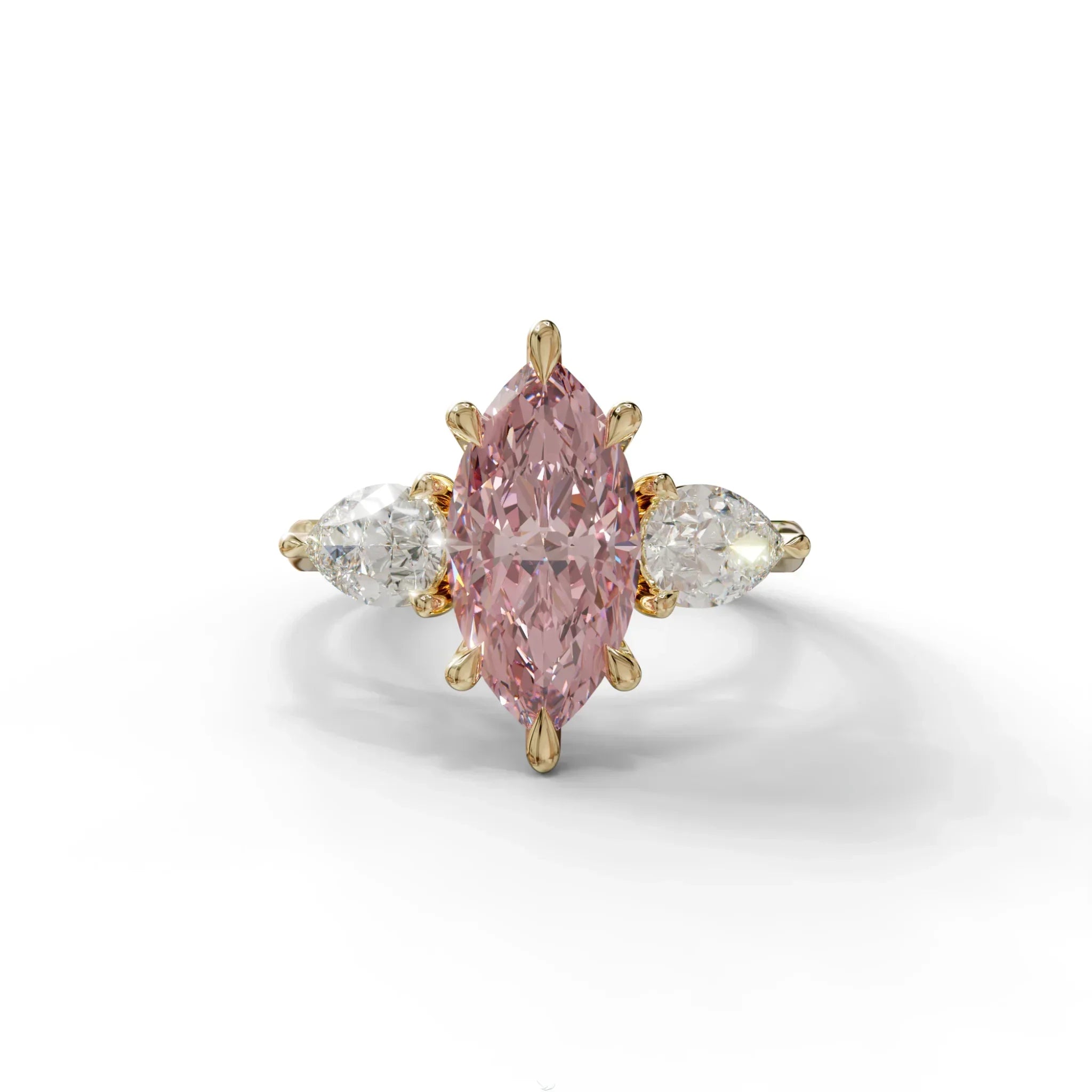 5 Carat Fancy Pink Marquise & Marquise Cut Three Stone Lab Grown Diamond Engagement Ring - 10K Solid Gold / Yellow Gold