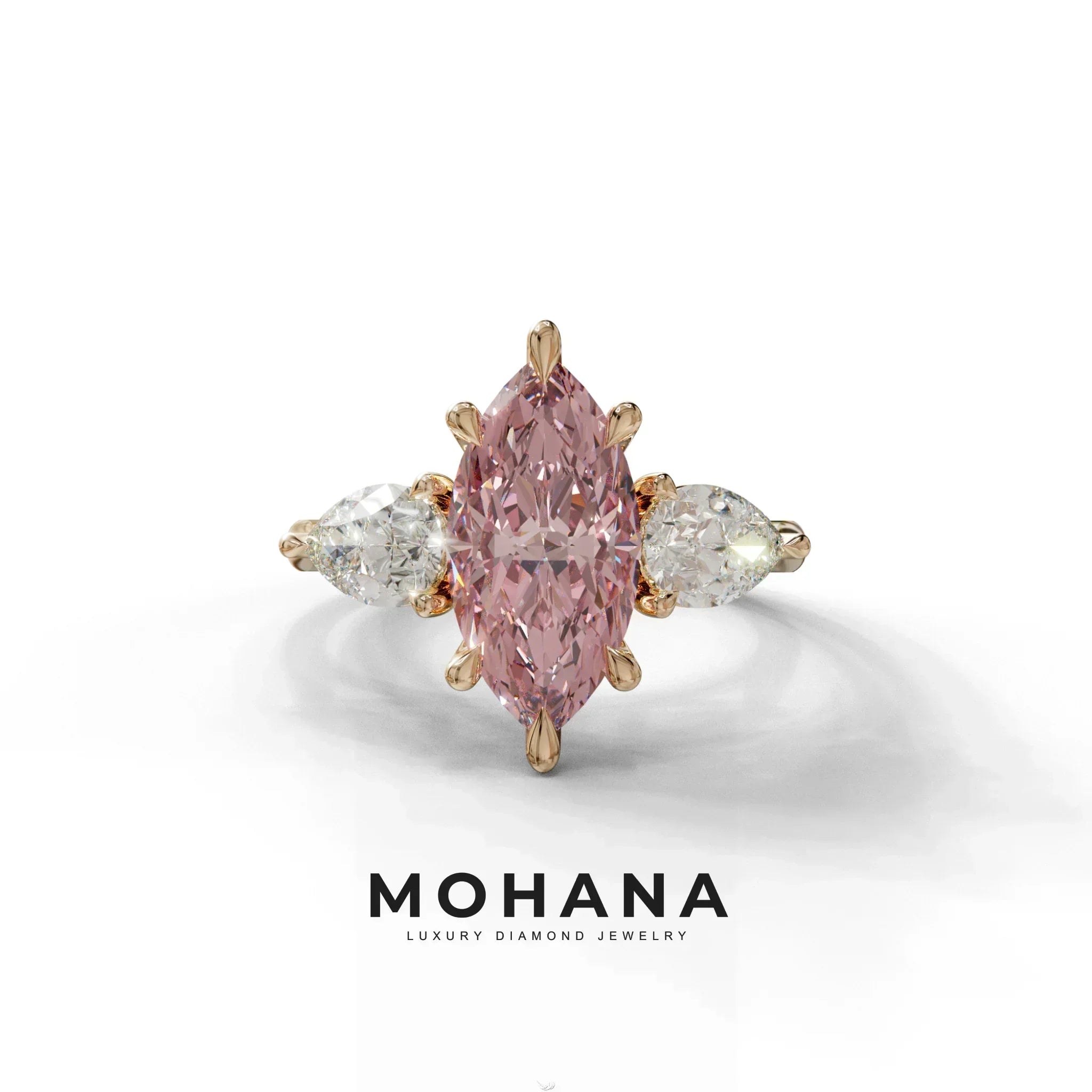 5 Carat Fancy Pink Marquise & Marquise Cut Three Stone Lab Grown Diamond Engagement Ring - 10K Solid Gold / Rose Gold