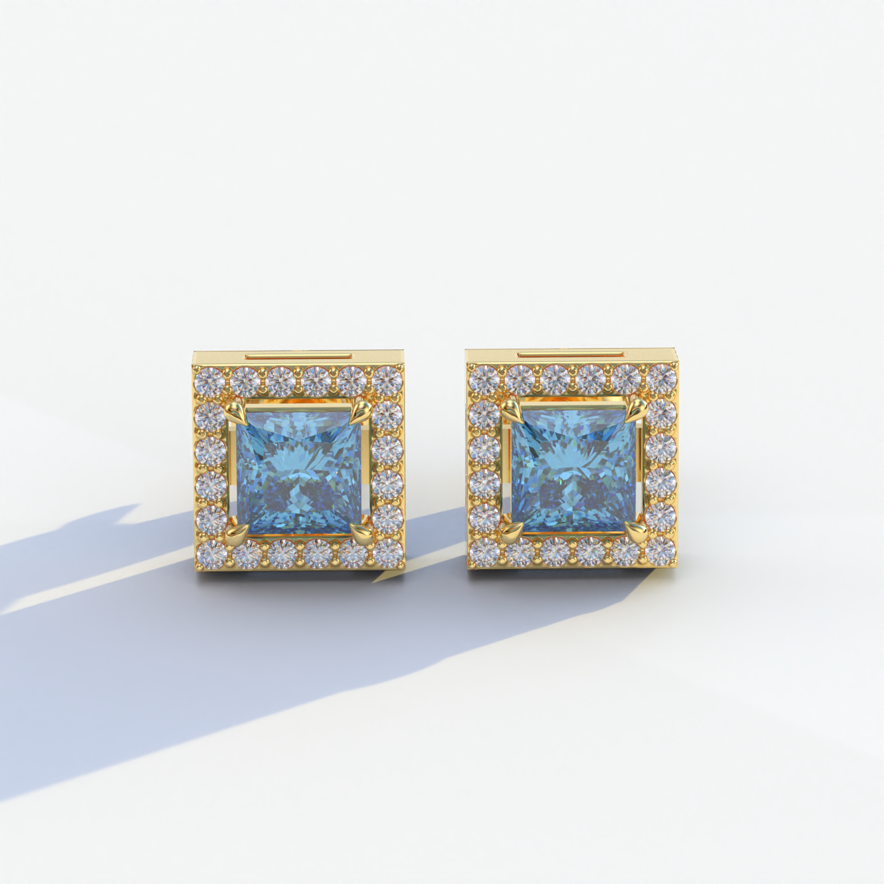 1 Carat Blue Princess Cut Lab Grown Diamond Halo Stud Earrings - 10K Solid Gold / Yellow Gold