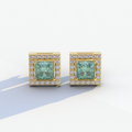 1 Carat Green Princess Cut Lab Grown Diamond Halo Stud Earrings - 10K Solid Gold / Yellow Gold