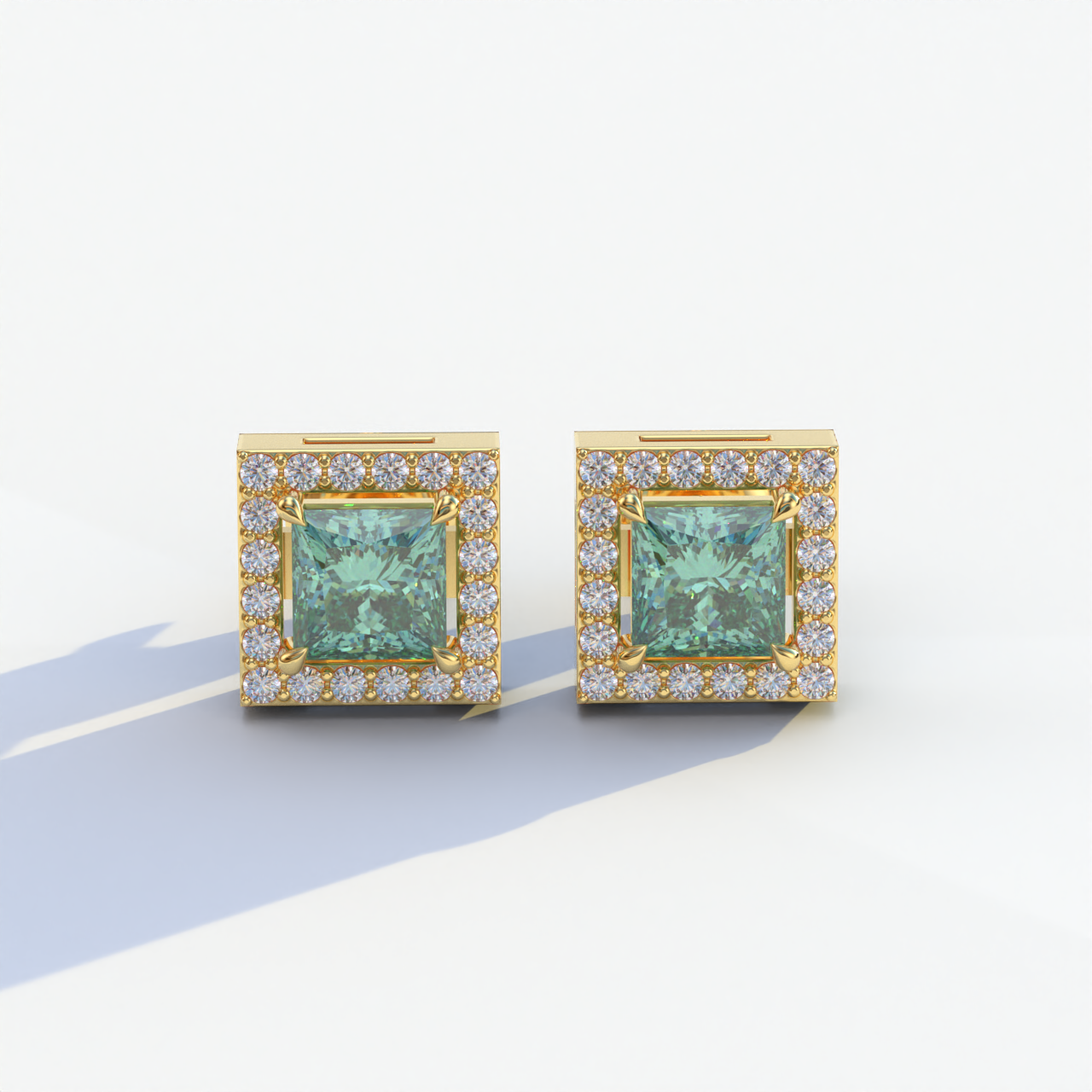 1 Carat Green Princess Cut Lab Grown Diamond Halo Stud Earrings - 10K Solid Gold / Yellow Gold