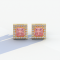 1 Carat Pink Princess Cut Lab Grown Diamond Halo Stud Earrings - 10K Solid Gold / Yellow Gold