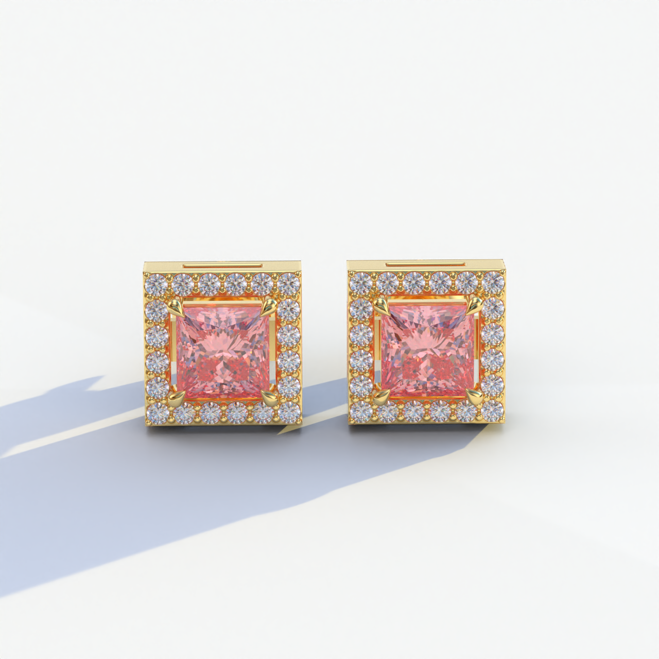 1 Carat Pink Princess Cut Lab Grown Diamond Halo Stud Earrings - 10K Solid Gold / Yellow Gold
