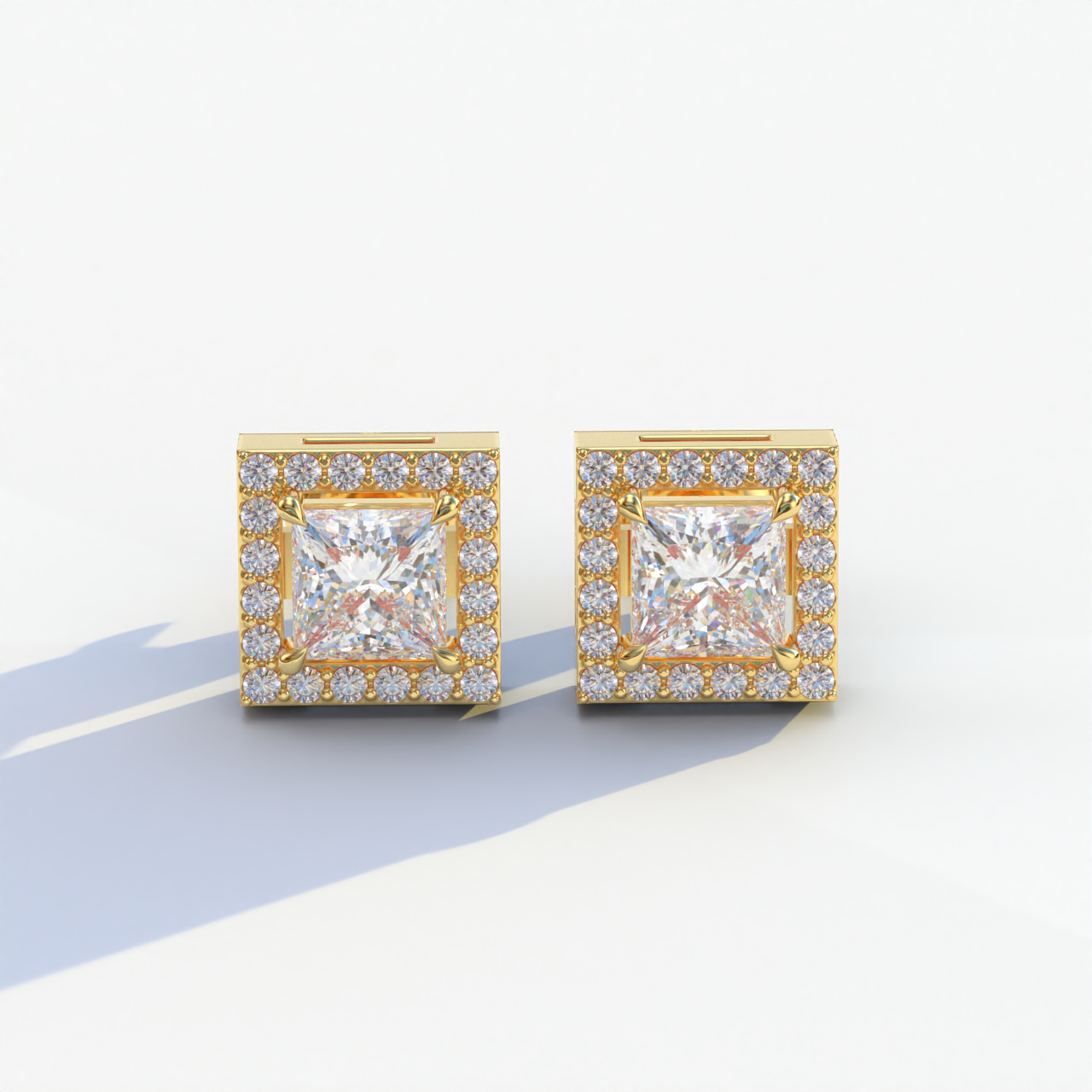 1 Carat E-VVS Princess Cut Lab Grown Diamond Halo Stud Earrings - 10K Solid Gold / Yellow Gold