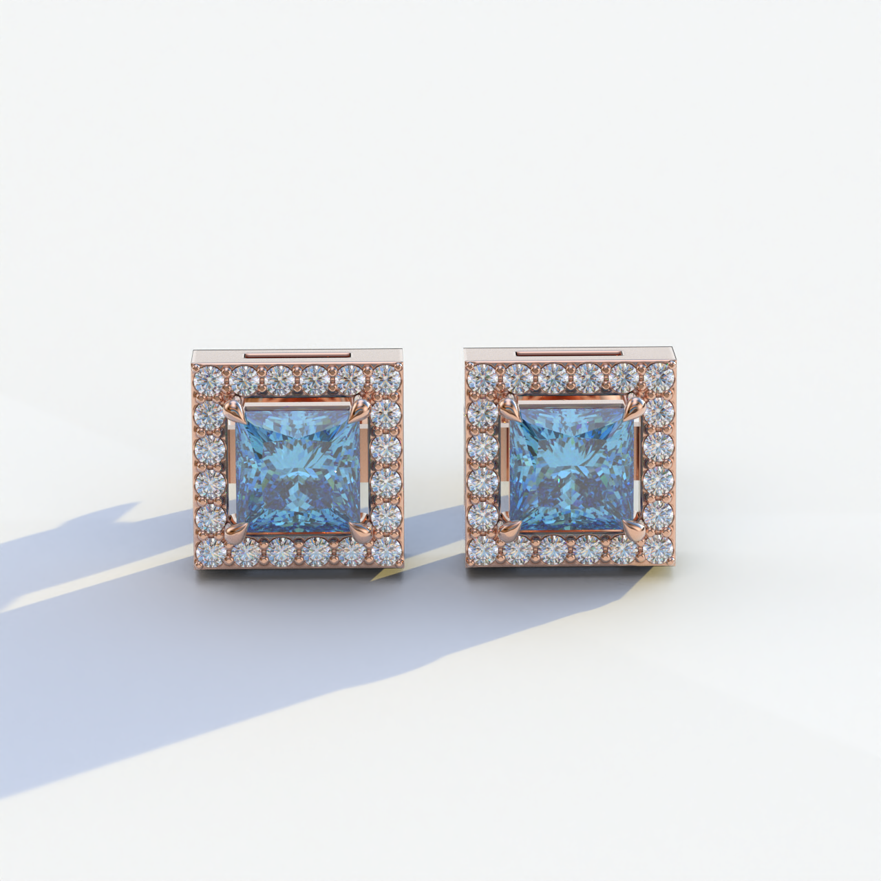 1 Carat Blue Princess Cut Lab Grown Diamond Halo Stud Earrings - 10K Solid Gold / Rose Gold