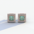 1 Carat Green Princess Cut Lab Grown Diamond Halo Stud Earrings - 10K Solid Gold / Rose Gold