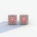 1 Carat Pink Princess Cut Lab Grown Diamond Halo Stud Earrings - 10K Solid Gold / Rose Gold