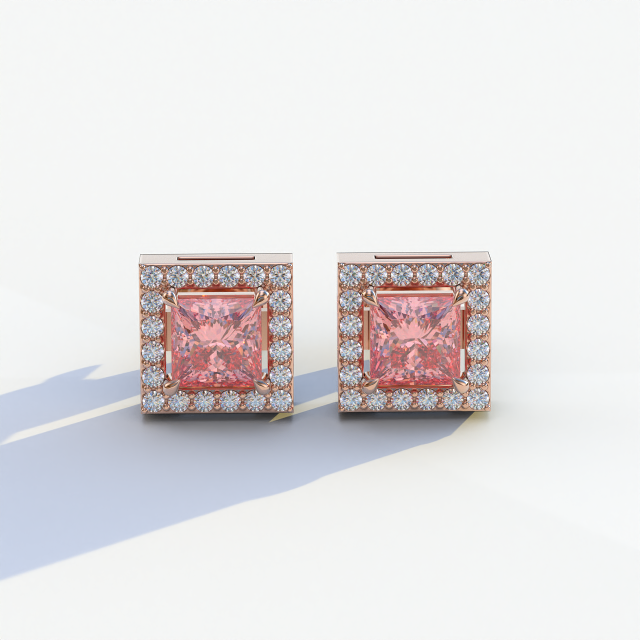 1 Carat Pink Princess Cut Lab Grown Diamond Halo Stud Earrings - 10K Solid Gold / Rose Gold