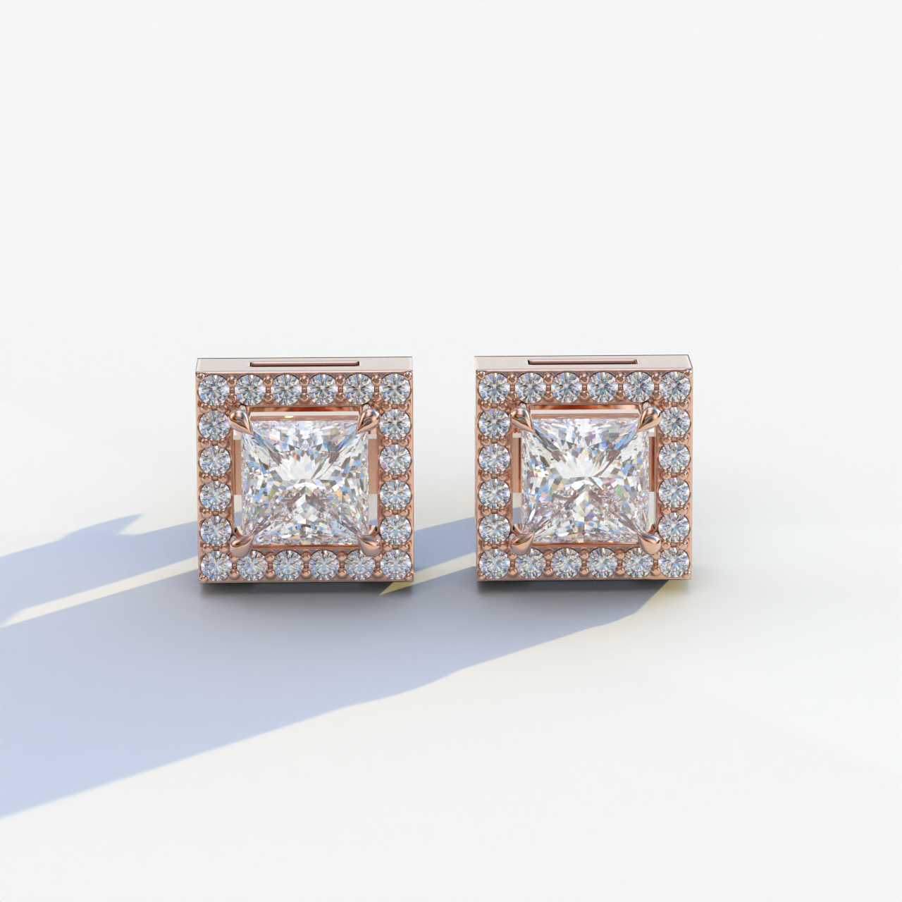 1 Carat E-VVS Princess Cut Lab Grown Diamond Halo Stud Earrings - 10K Solid Gold / Rose Gold