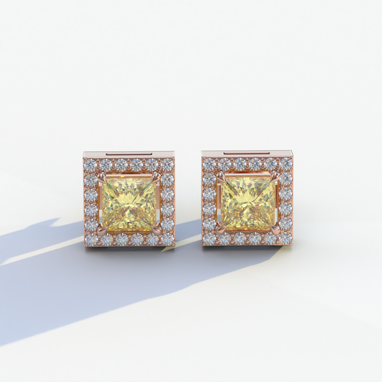 1 Carat Yellow Princess Cut Lab Grown Diamond Halo Stud Earrings - 10K Solid Gold / Rose Gold