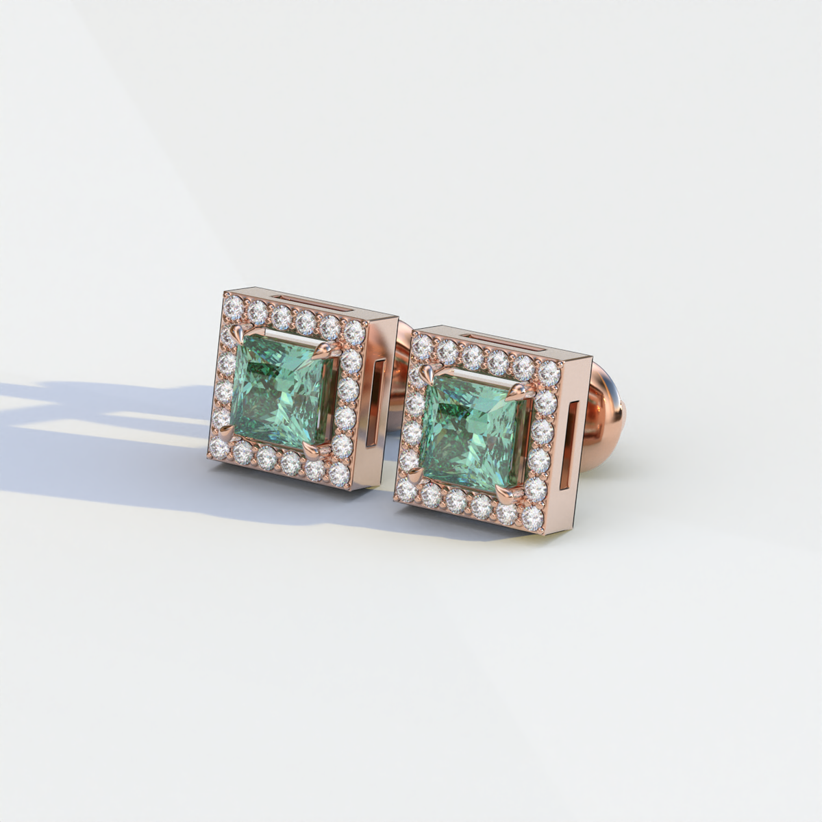 1 Carat Green Princess Cut Lab Grown Diamond Halo Stud Earrings