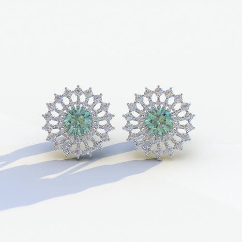 Aster - Green Color Round Diamond Stud Earrings - 10K Solid Gold / White Gold