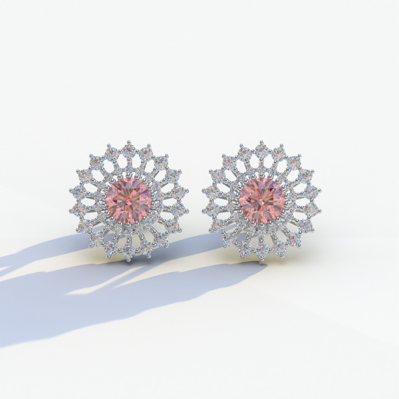 Aster - Pink Color Round Diamond Stud Earrings - 10K Solid Gold / White Gold