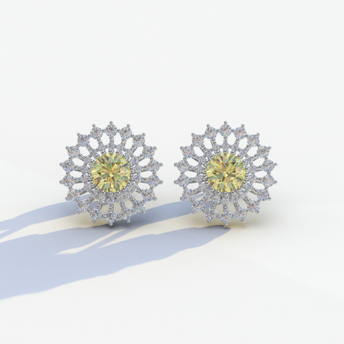Aster - Yellow Color Round Diamond Stud Earrings - 10K Solid Gold / White Gold
