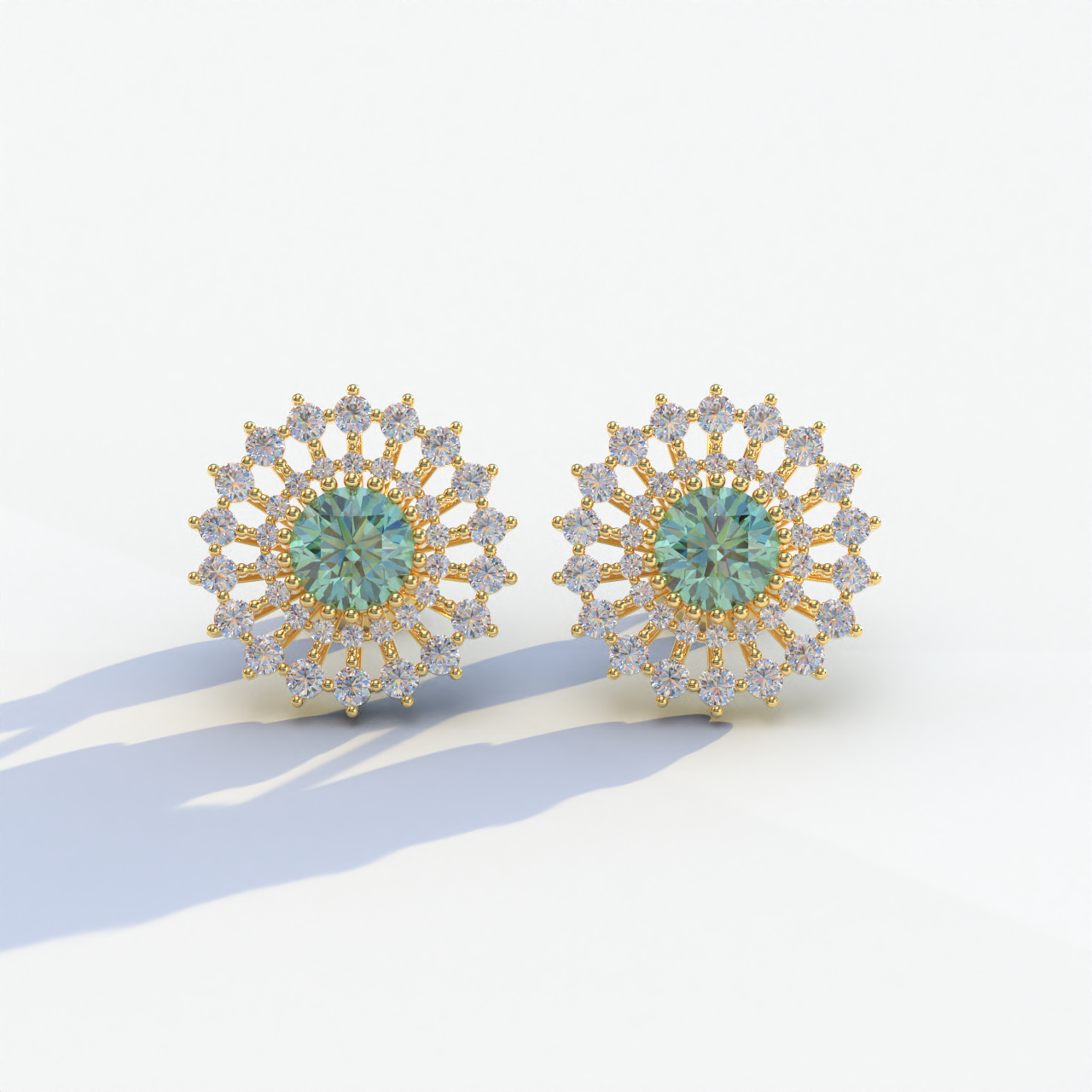 Aster - Green Color Round Diamond Stud Earrings - 10K Solid Gold / Yellow Gold