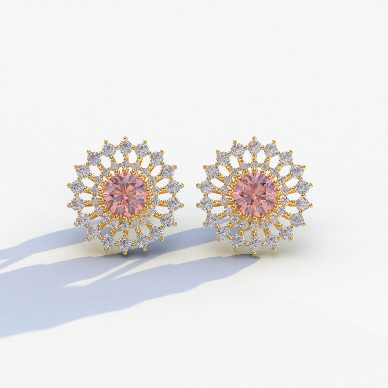 Aster - Pink Color Round Diamond Stud Earrings - 10K Solid Gold / Yellow Gold