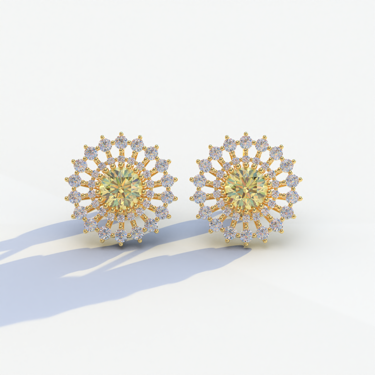 Aster - Yellow Color Round Diamond Stud Earrings - 10K Solid Gold / Yellow Gold