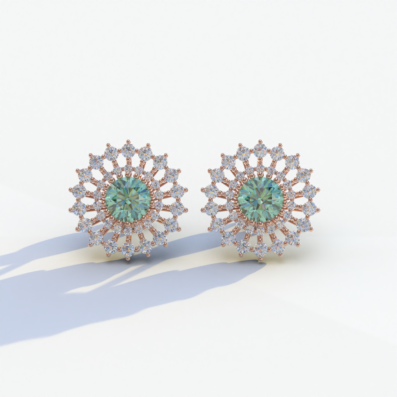 Aster - Green Color Round Diamond Stud Earrings - 10K Solid Gold / Rose Gold