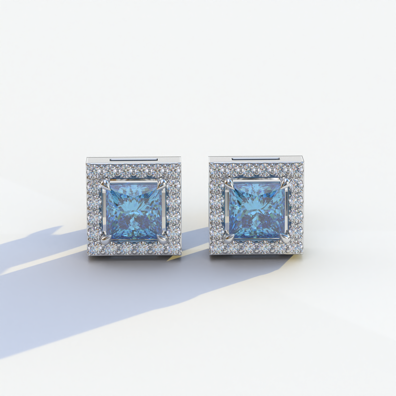 1 Carat Blue Princess Cut Lab Grown Diamond Halo Stud Earrings - 10K Solid Gold / White Gold