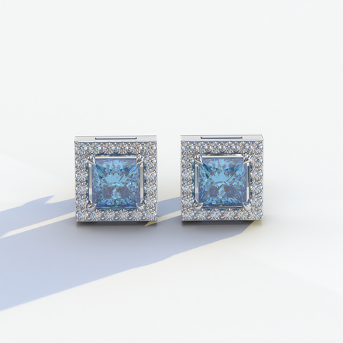 1 Carat Blue Princess Cut Lab Grown Diamond Halo Stud Earrings - 10K Solid Gold / White Gold