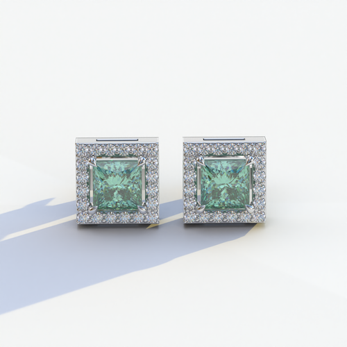 1 Carat Green Princess Cut Lab Grown Diamond Halo Stud Earrings - 10K Solid Gold / White Gold