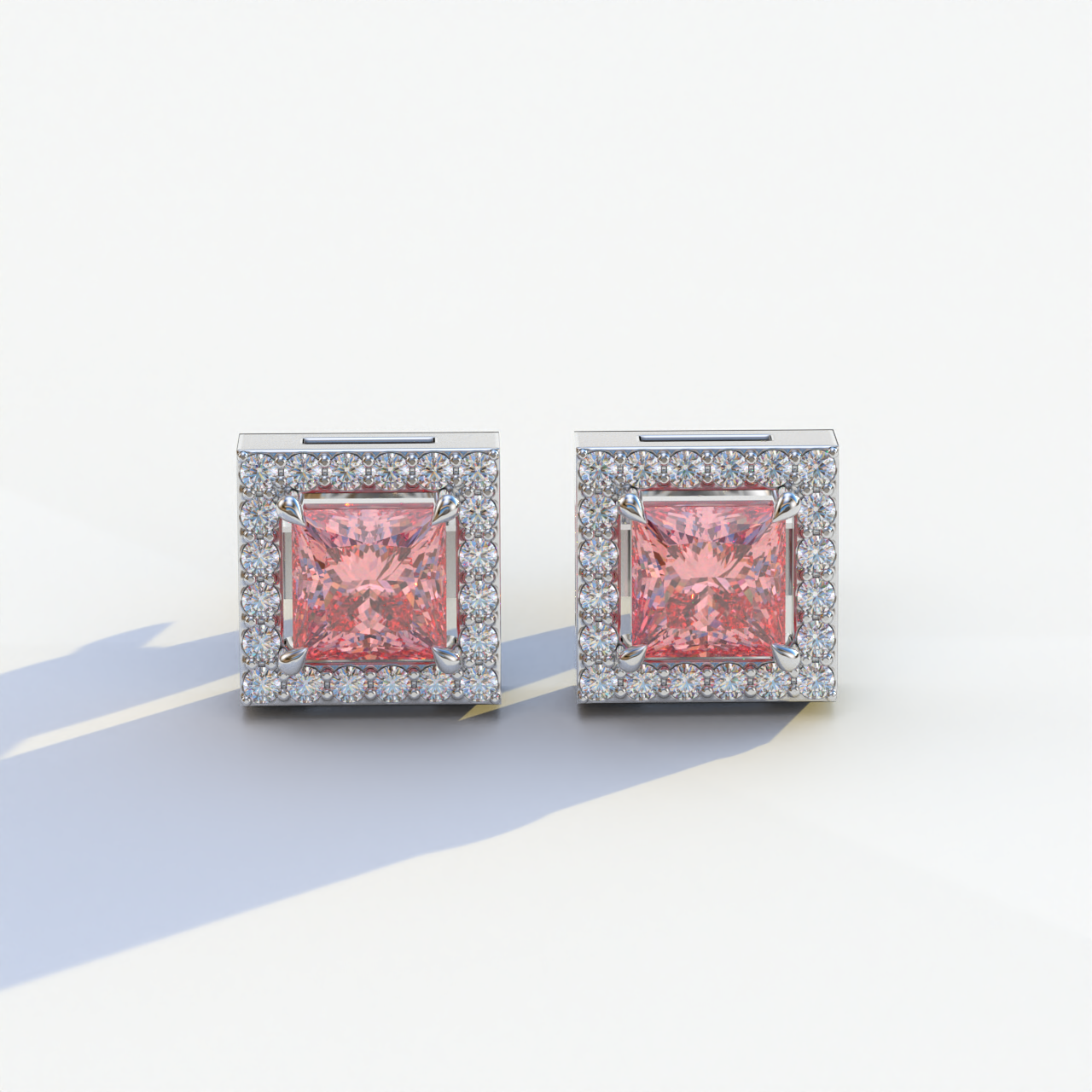 1 Carat Pink Princess Cut Lab Grown Diamond Halo Stud Earrings - 10K Solid Gold / White Gold