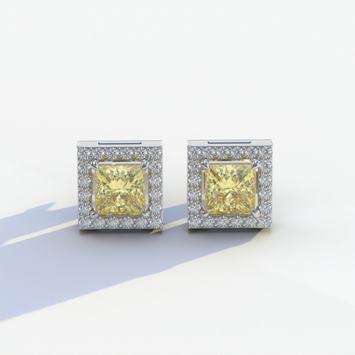 1 Carat Yellow Princess Cut Lab Grown Diamond Halo Stud Earrings - 10K Solid Gold / White Gold