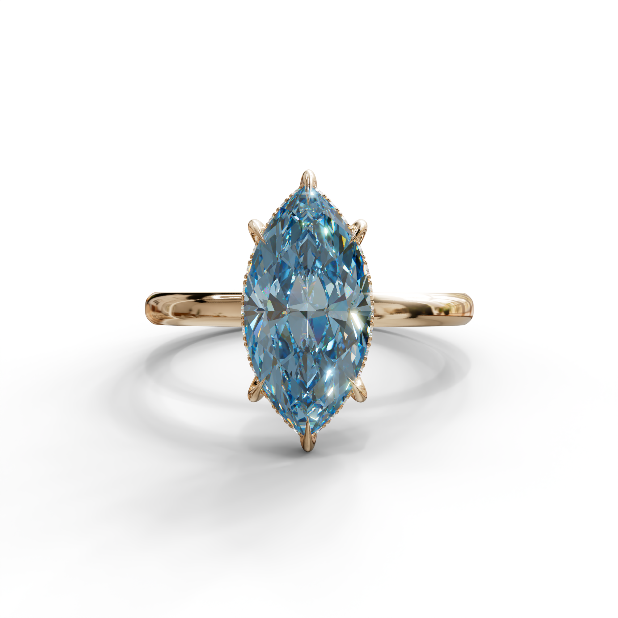 3.5 Carat Blue Marquise Cut Hidden Halo & Claw Setting Lab Grown Diamond Ring - Meraviglioso - 10K Solid Gold / Rose